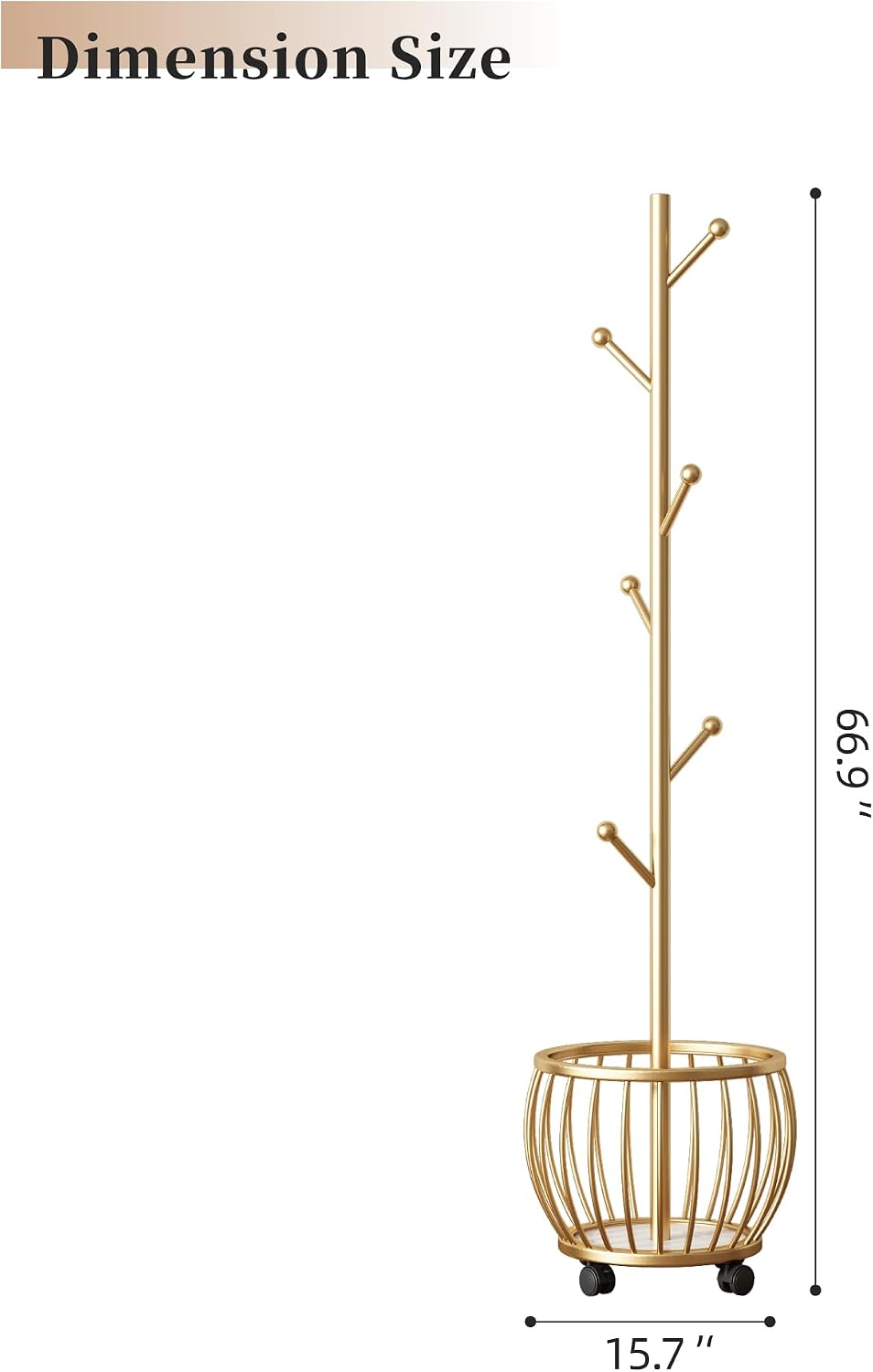 Coat Rack Freestanding Coat Stand with Basket 6 Hooks Wheels,Gold | Metal Coat Rack Stand Coat Tree for Home Entryway Bedroom Living Room Office Corner Modern Organizer for Scarf Jacket Hat Bag