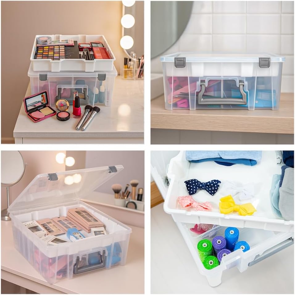Best Kept Super Satchel Double Deep with Lift-Out Tray and Removable Dividers, Stackable Home Storage Organization Container, Clear with Sliver Latches and Handle