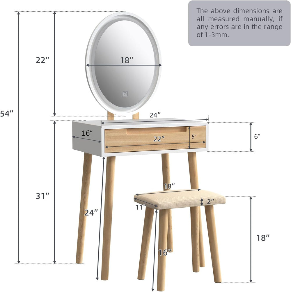 YOURLITE Makeup Vanity Table Set with 3 Modes Adjustable Lighted Mirror Cushi...