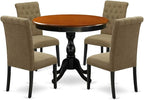 East West Furniture AMBA5-BCH-05 5 Piece Modern Dining Table Set Includes a Round Kitchen Table with Pedestal and 4 Grey Linen Fabric Parson Dining Chairs, 36x36 Inch, Black & Cherry