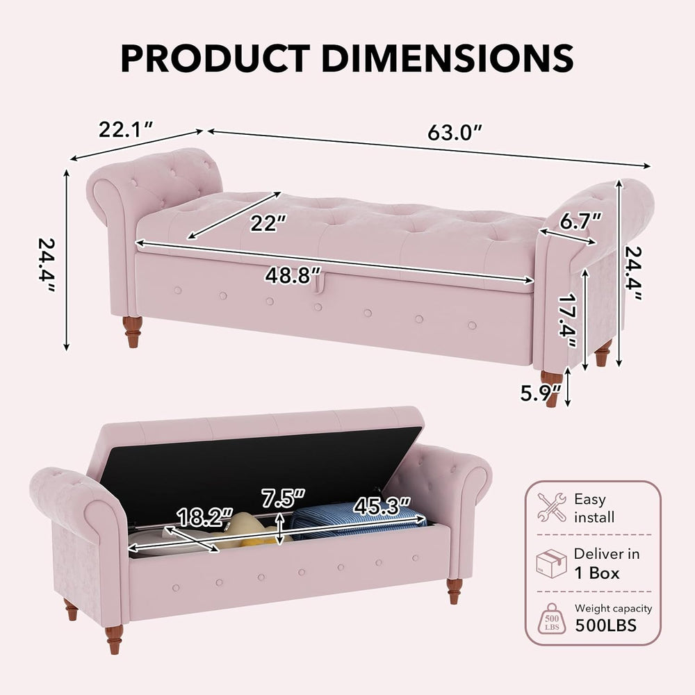 63" Wide Storage Bench, Velvet Upholstered End of Bed Bench with Pull Ri...