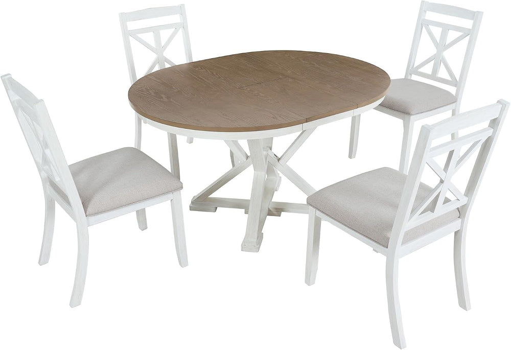 Merax Round Dining Table Set for 4, Farmhouse Kitchen Table Set with Extendab...