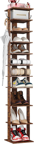 HOMEFORT 10-Tier Vertical Shoe Rack, Corner Shoe Tower, Slim Shoe Organizer with Two Hanging Hooks, Wooden Shoe Storage Stand for Entryway, Hallway, Closet, Rustic Brown