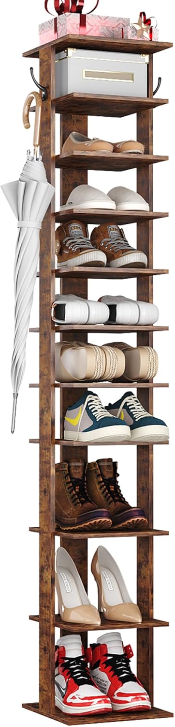HOMEFORT 10-Tier Vertical Shoe Rack, Corner Shoe Tower, Slim Shoe Organizer with Two Hanging Hooks, Wooden Shoe Storage Stand for Entryway, Hallway, Closet, Rustic Brown
