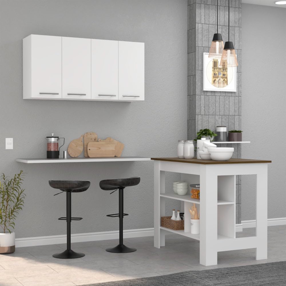 Burlingame Kitchen Island and Wall Cabinet Set - White & Walnut MDF