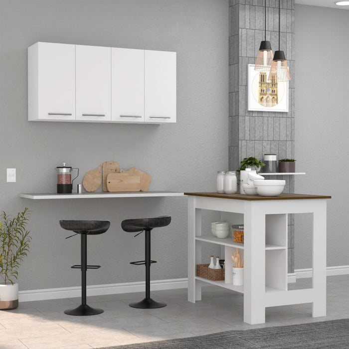 Burlingame Kitchen Island and Wall Cabinet Set - White & Walnut MDF
