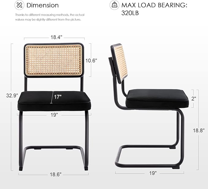Zesthouse Natural Rattan Dining Chairs Set of 2, Modern Dining Room Chairs with Solid Wood Back for Kitchen Living Room, Mid Century Breuer Design Inspired, Upholstered Velvet Fabric, Black