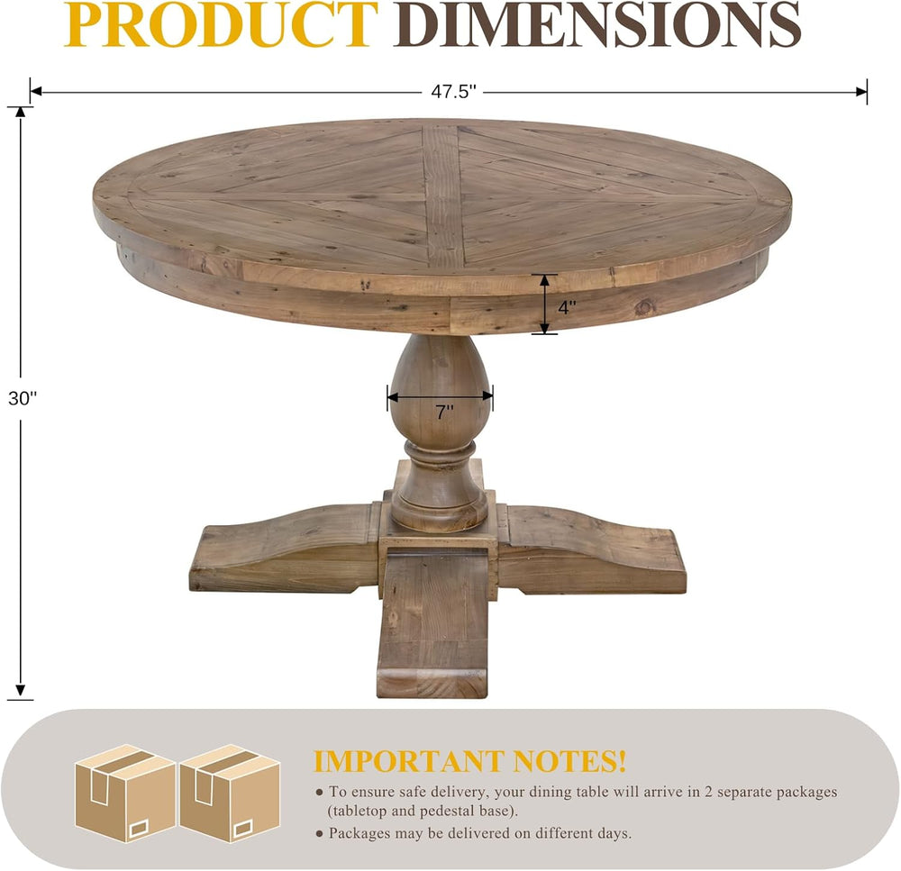 47" Round Dining Table with Wooden Pedestal Base, Antique Pine Wood Dinn...