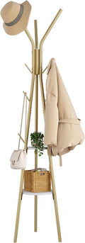 HOMEFORT Coat Rack, Coat Hanger Stand with 2 Shelves, Freestanding Hall Tree, Metal Hat Hanger with 12 Hooks for Clothes Hats and Scarves (Gold)
