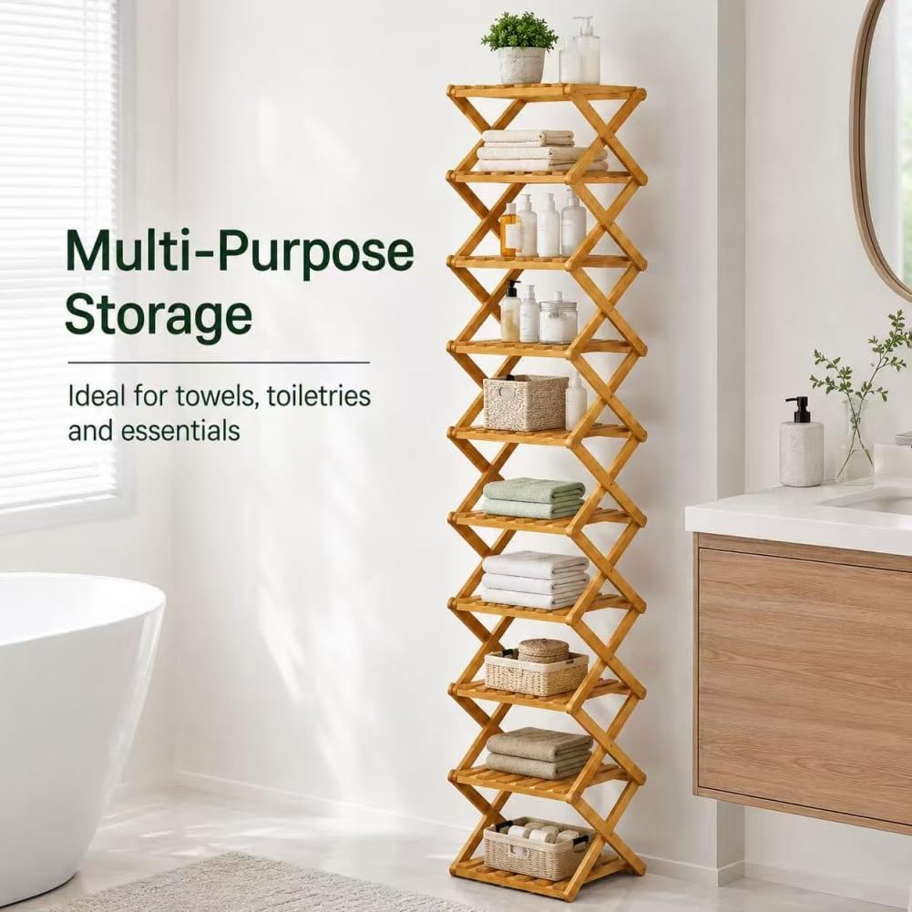 8/9/10-Tier Folding Shoe Rack| Bamboo Wooden Shoe Organizer| Entryway Bedroom Shoe Shelf| Ventilated & Space-Saving