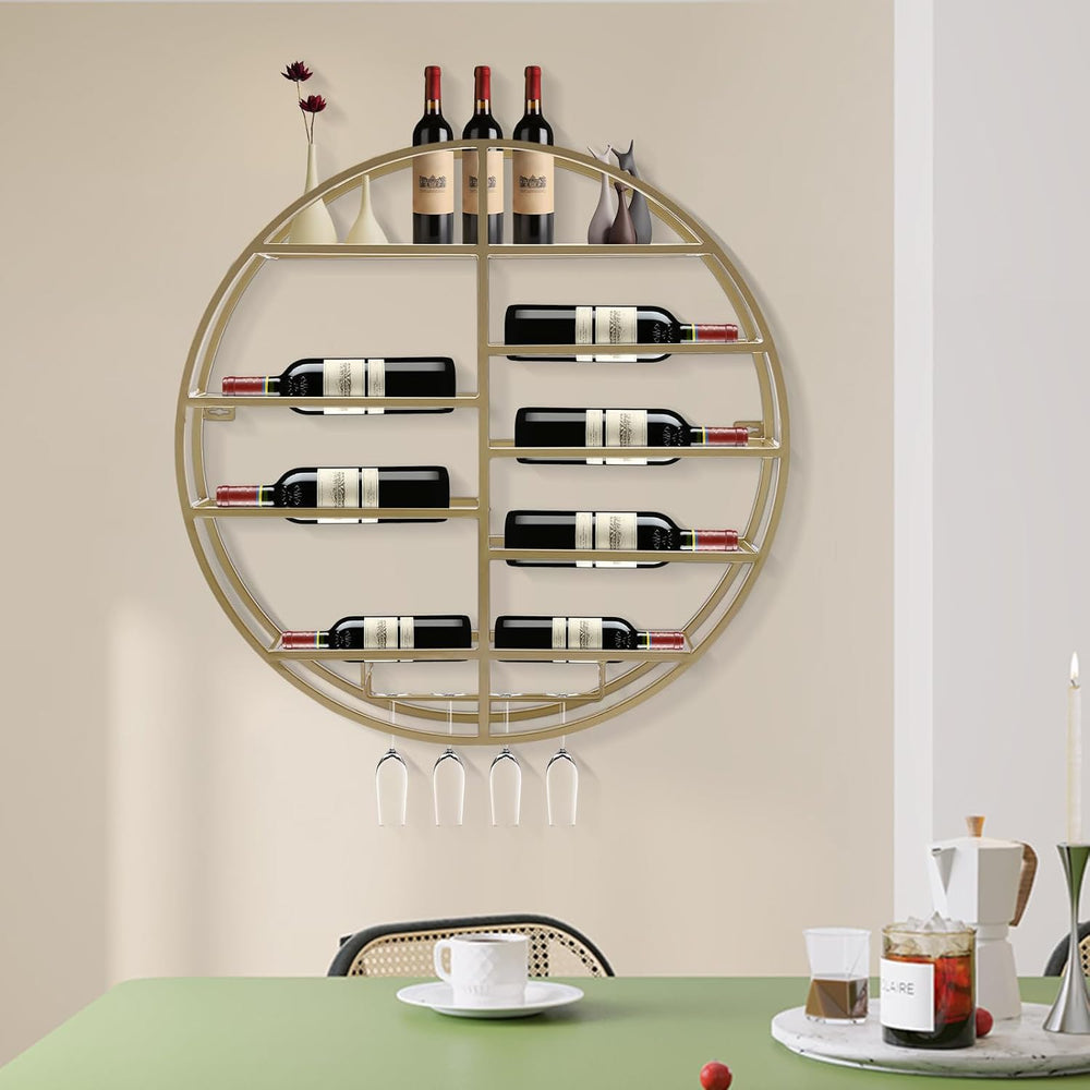 Wall Mounted Wine Rack with Glass Holder, Gold Metal Bottle Holder Round Wine...
