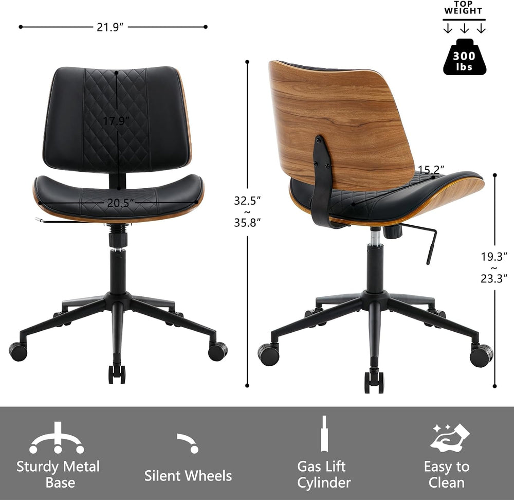 Home Office Chair No Arms with Wheels, Adjustable Height Small Desk Chair, PU...