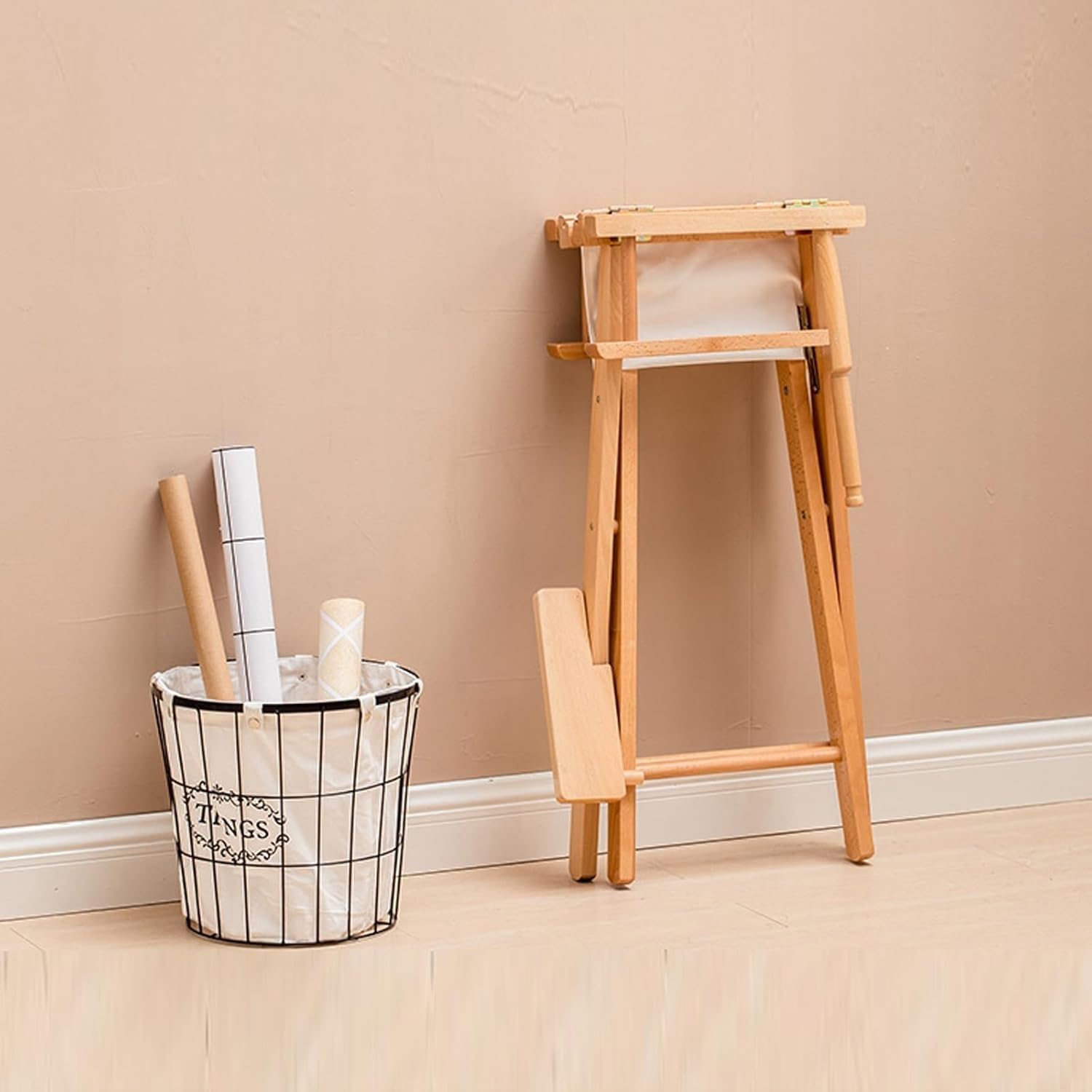 Tall Directors Chairs Foldable, Makeup Solid Wood Frame and Canvas Seat, Portable Footrest, Makeup(Black,85cm/33in)