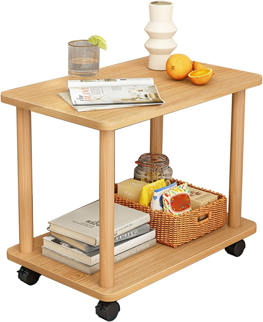 Rolling End Table with Wheels, 2-Tier 150lb Shelf, MDF Top Solid Wood Frame, ...