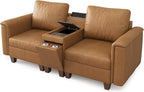 SITJOY 79" Faux Leather Modular Sectional Sofa with Storage, Mid Century Modern Sectional Couches for Living Room, 2 Seat Loveseat with Console Table, Hidden Cupholders, Brown