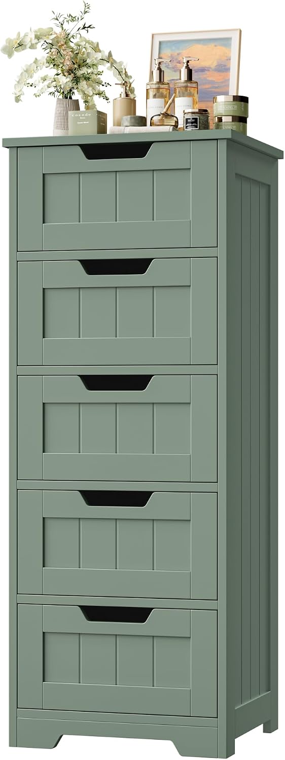 FOTOSOK Bathroom Cabinet, Bathroom Storage Cabinet with 5 Drawers, Green