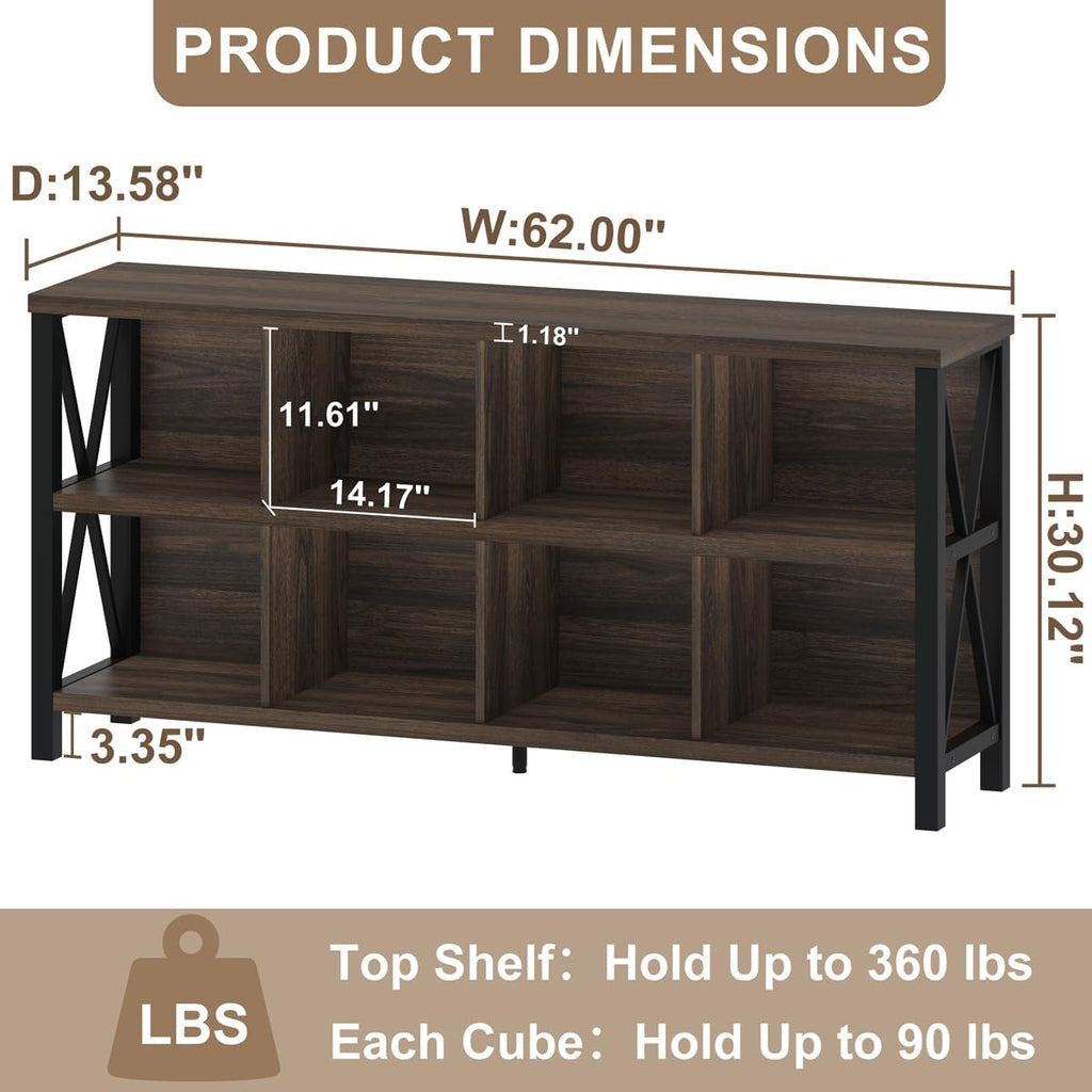 8 Cube Storage Organizer Bookshelf, 62 Inch Rustic Wood Horizontal Bookcase, Farmhouse Cube Long Book Shelf, TV Console Stand for Living Room (Dark Walnut)