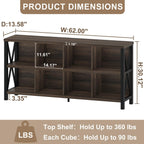 8 Cube Storage Organizer Bookshelf, 62 Inch Rustic Wood Horizontal Bookcase, Farmhouse Cube Long Book Shelf, TV Console Stand for Living Room (Dark Walnut)