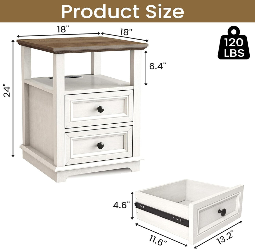 End Table with USB C Charging Station, 18" Wide Side Table with 2 Drawer...