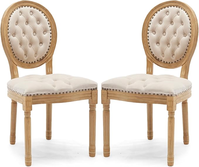 Upholstered Dining Chairs Set of 2 French Country Oval Fabric Back Kitchen Side Chair with Wood Legs for Dining Room, Kitchen, Restaurant(Beige-Velvet)
