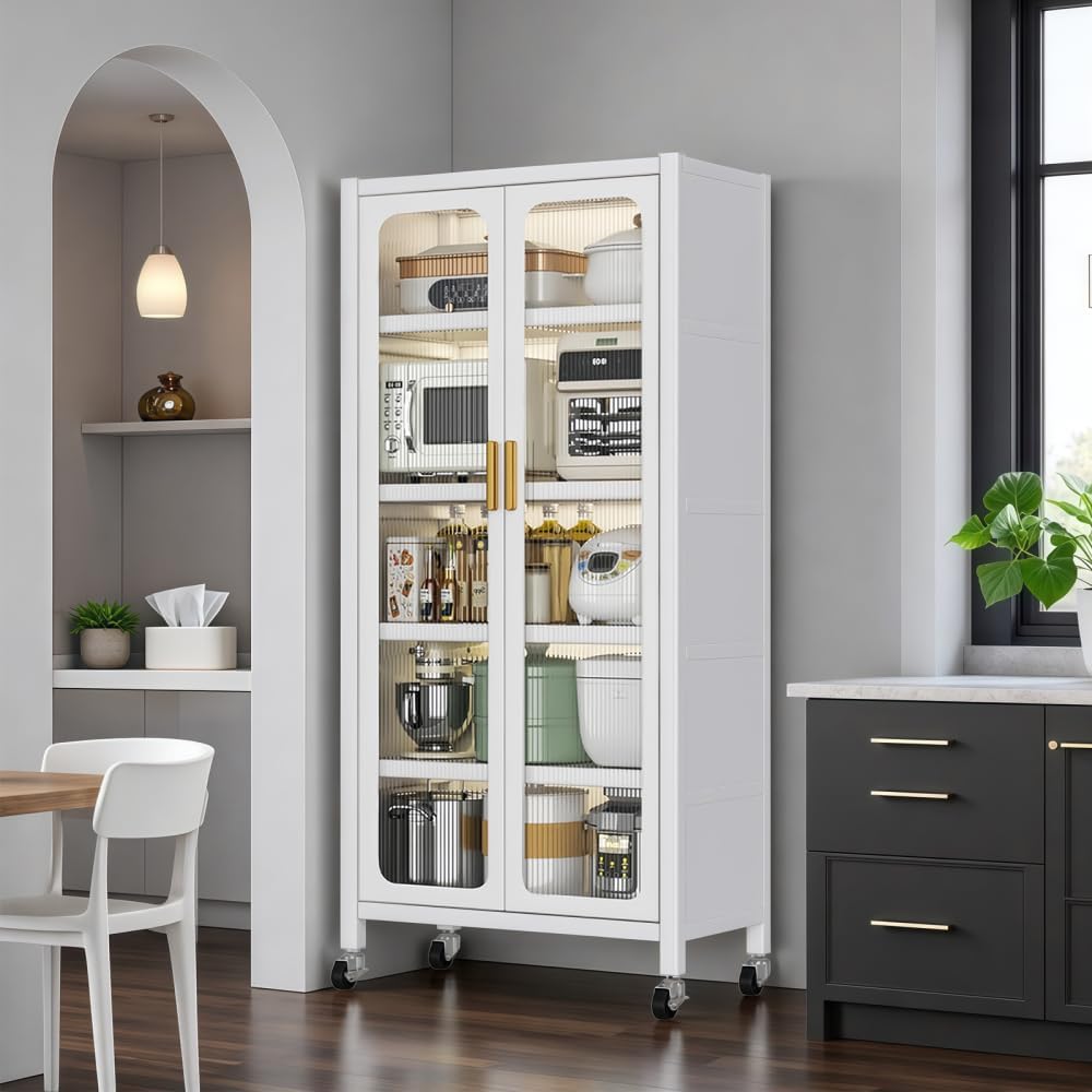 65" Kitchen Pantry Storage Cabinet - Metal 6-Tier Cabinet Transparent Do...