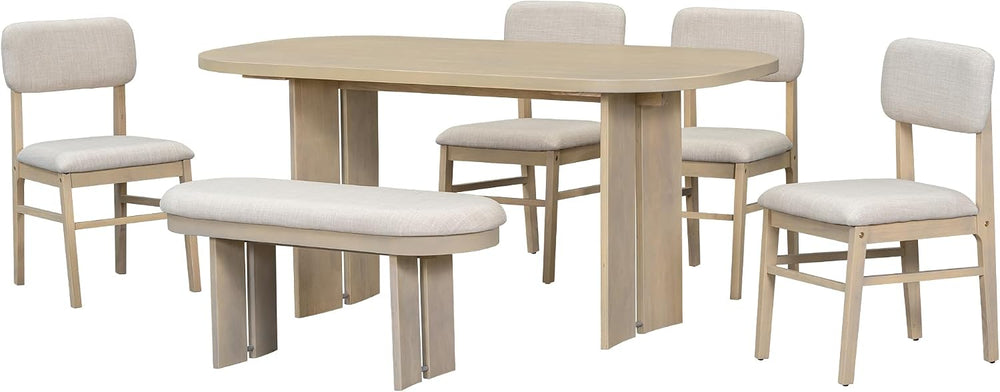 6 Pieces Wood Dining Table Set with Bench, Farmhouse Rectangular Table with 4...