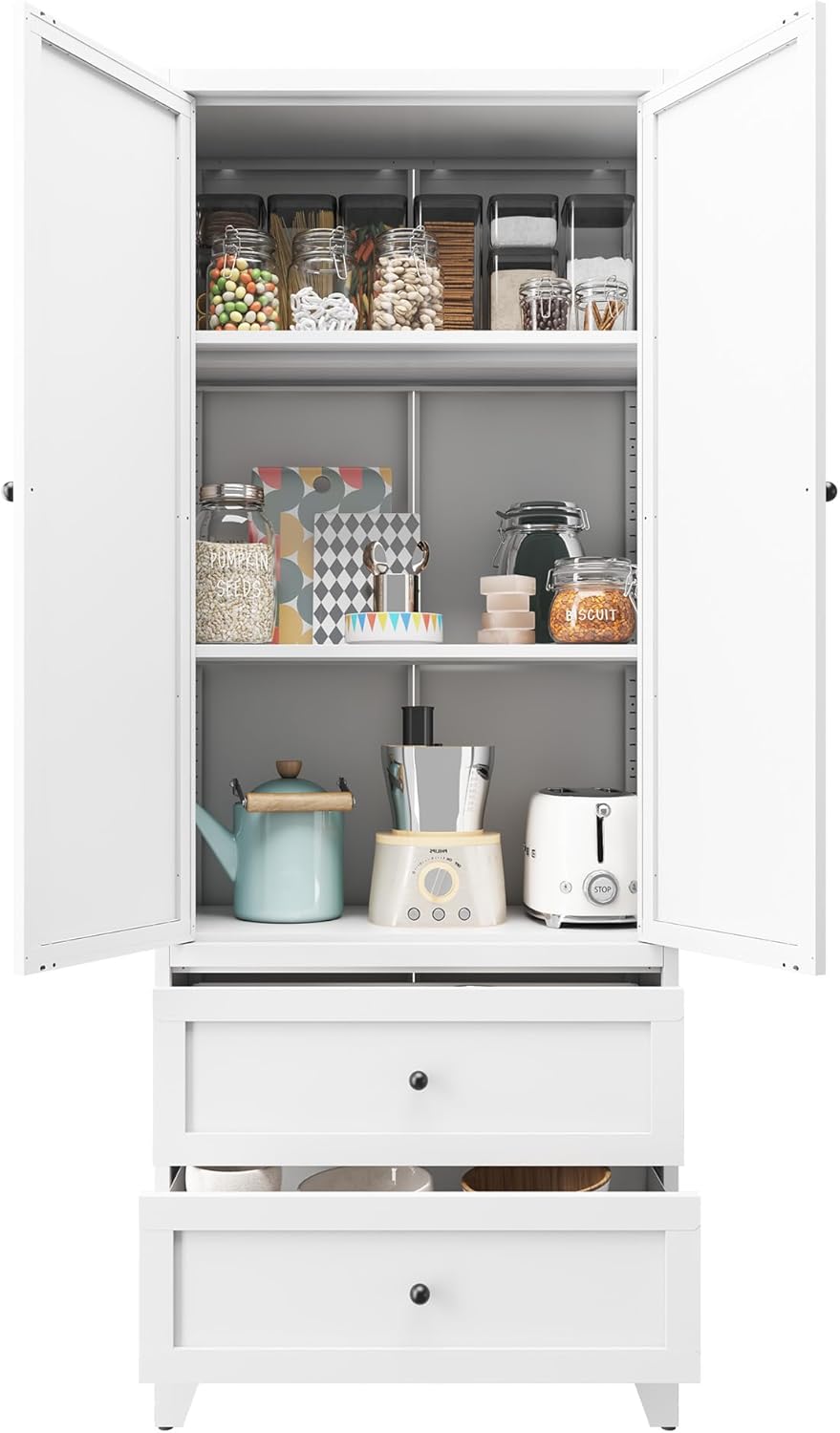 72" Tall Kitchen Pantry Cabinet, White Cabinets with 2 Drawers & Adj...