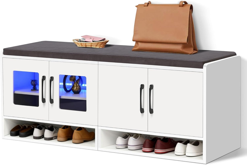 Shoe Bench with Thickened Cushion,Entrance Bench with Glass Door and Ambient ...