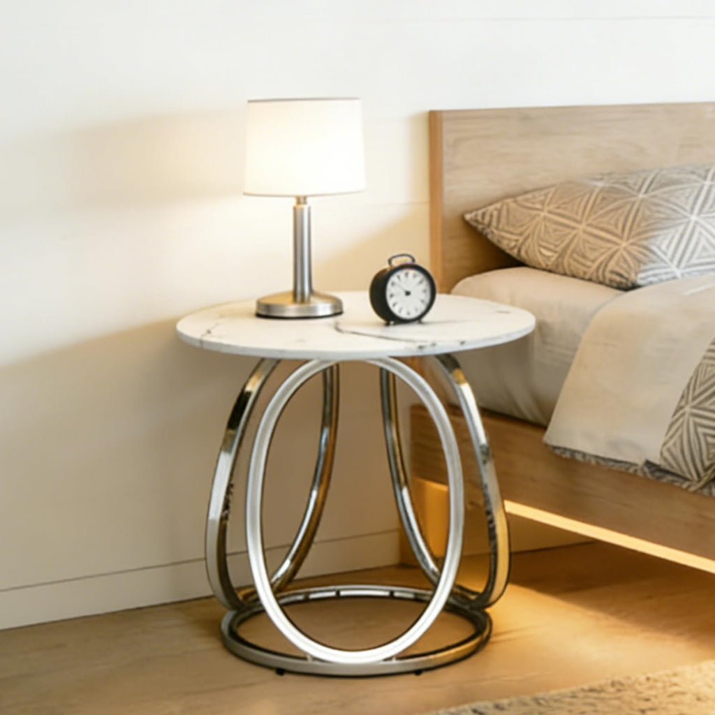 O&K FURNITURE Silver End Table, Round Side Table with Faux Marble Veins, Modern Nightstand for Bedroom, Living Room, Home Office, 1PC
