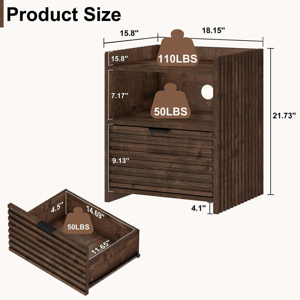 BON AUGURE Fluted Nightstand with Drawer and Storage Shelf, Modern Wood Bedsi...