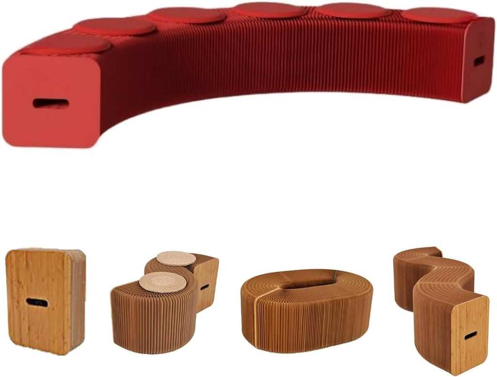 Folding Paper Stool with Cushion, 330 lbs Honeycomb Paper Bench, Accordion Telescopic Portable Kraft Paper Bench for Versatile Seating in Living Room, Office, Decorative Chair Stool (Red, 6 Seats)