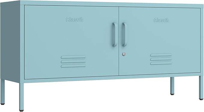 Blue Lockable Metal TV Stand Entertainment Center, Heavy Duty Storage Cabinet Supports 80+ Inch TVs, Multifunctional Media Console for Home Living Room Office 22" H X 35.4" W X 13.8" D