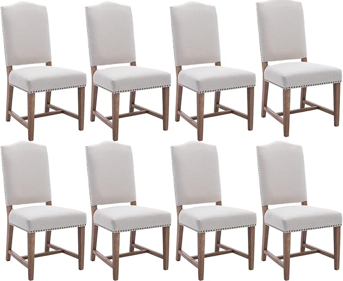 Ealson Farmhouse Dining Chairs Set of 8 with Wood Legs & Nailhead Trim - Mid Century Modern High Back Padded Parson Chairs in Linen Beige