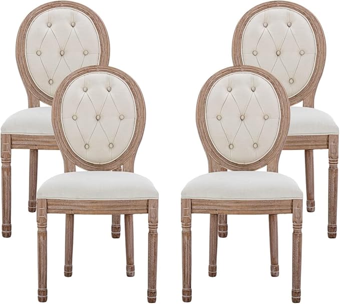 Nrizc French Country Dining Chairs Set of 4, Farmhouse Dining Chairs with Round Button Back, Solid Wood Legs, French Dining Chairs for Kitchen/Bedroom/Dining Room, Beige(button)