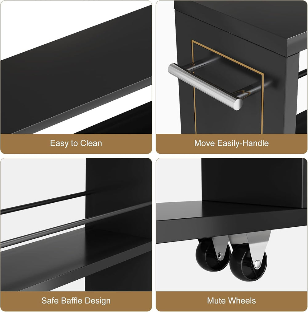 KLM 4 Tier Black Slim Storage Cart with Handle, Slide Out Storage Rolling Uti...