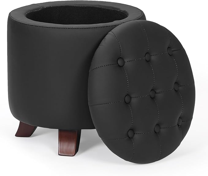 Athena Collection 15 Inch Small Ottoman with Storage, Round PU Leather Storage Ottoman Foot Rest with Removable Lid, Multipurpose Footstool Footrest for Living Room, Bedroom, Dorm, Black