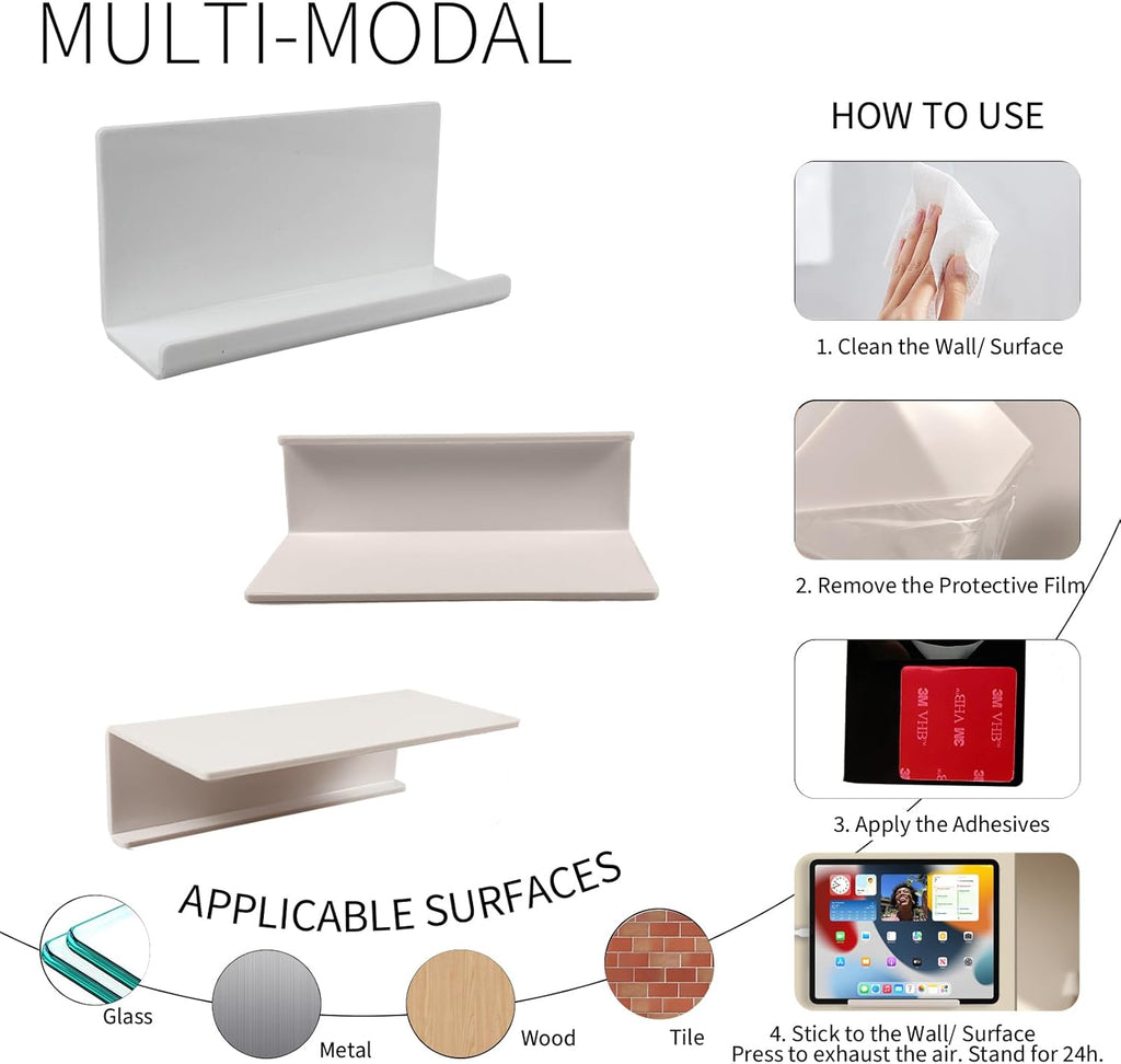 Adhesive Tablet Wall Mounted Phone Holder Acrylic Floating Shelves,eReader Wall Holder Smartphone Holder Stand for Bedroom,Living Room,Dorm,Office Display Shelf(White)
