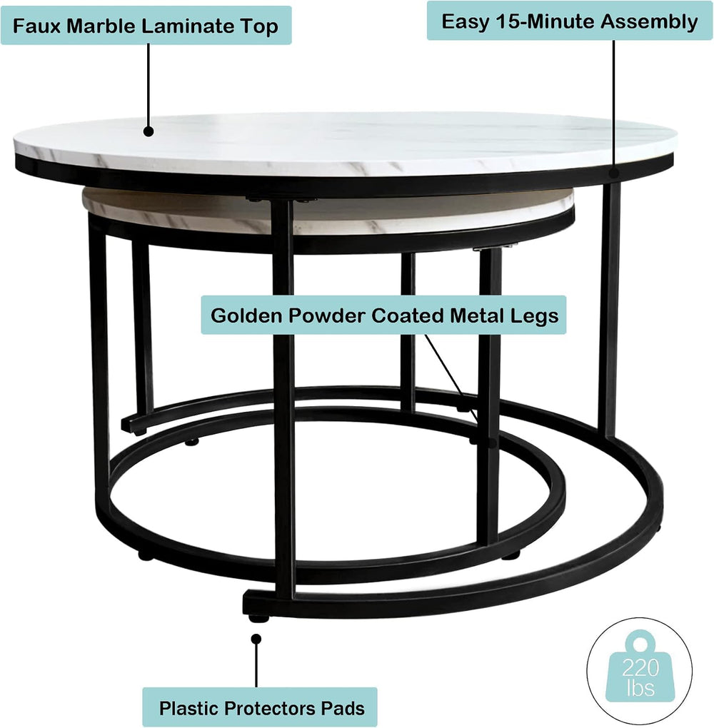 AT-VALY Nesting Table Set of 2,Round Coffee Table,End Side Table with Sturdy ...