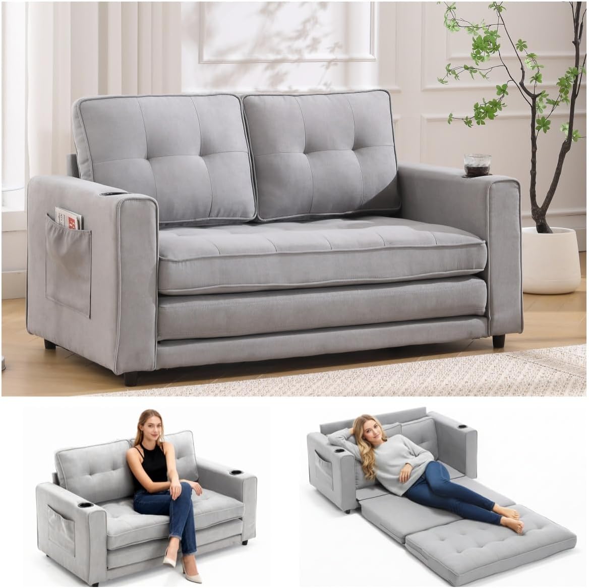 Convertible Sofa Bed, Folding Loveseat Sleeper Sofa Bed with Pillows,Fold Out Floor Couch with Cup Holder, Fabric Pull Out Sleeper Couch Bed for Living Room, Bedroom Lounge, Light Gary