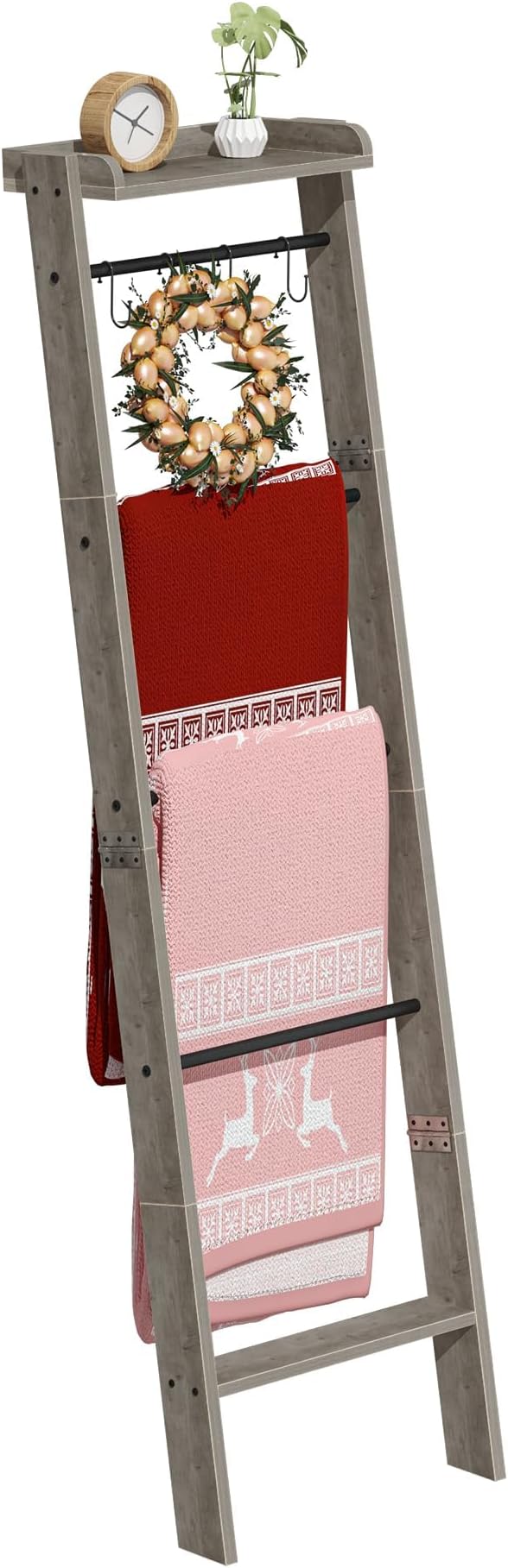 Blanket Ladder Shelf for Living Room, Decorative Quilt Rack with Storage Shelf, 6-Tier Farmhouse Ladder Holder Organizer with 4 Removable Hooks for Bedroom, Greige and Black BR35805B