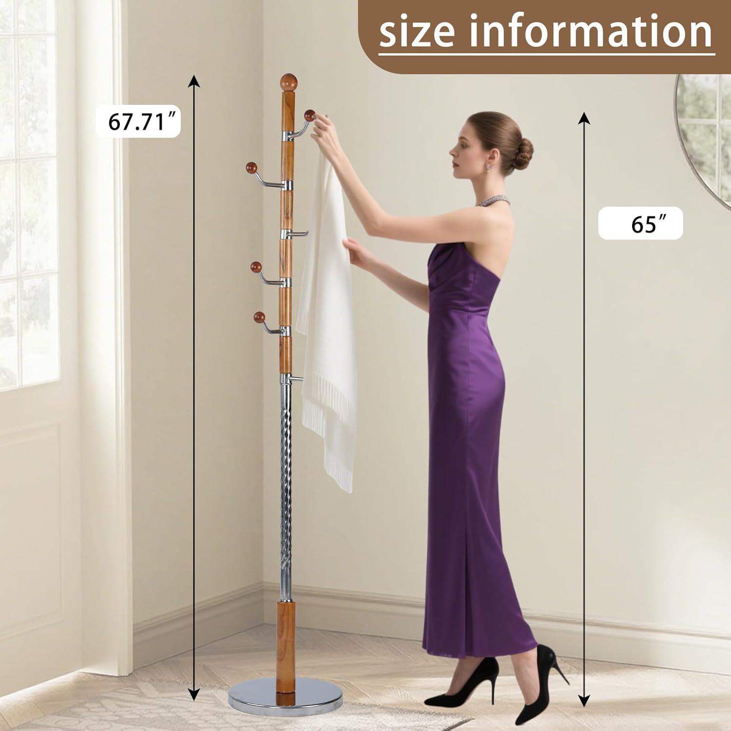 Solid Wooden Coat Rack Stand, Coat Racks Freestanding with 6 Hooks, Natural Birch Wood Coat stands with Sturdy Round Base, Tree Coat Hanger Standing for Entryway Bedroom Office (Walnut)
