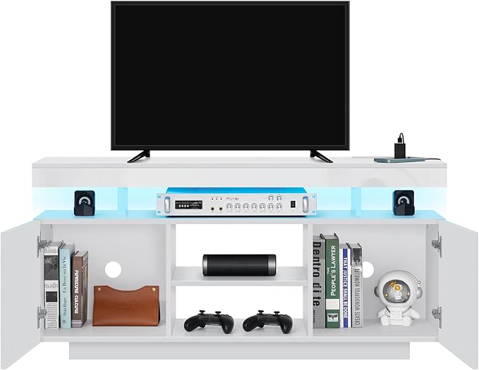HOMMPA LED TV Stand for 55/50/43/40/32 inch TV Modern Entertainment Center with Power Outlets, Gaming Console Storage Media Table with LED Lights Game Cabinet for Living Room White