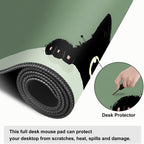 Cute Black Cat Large Mouse Pad – Extended Desk Mat 31.5 x 11.8 in– Kawaii Kitty Peeking Over Edge, Green Background, Non-Slip Rubber Base, Waterproof Keyboard & Mouse Pad for Office or Gaming