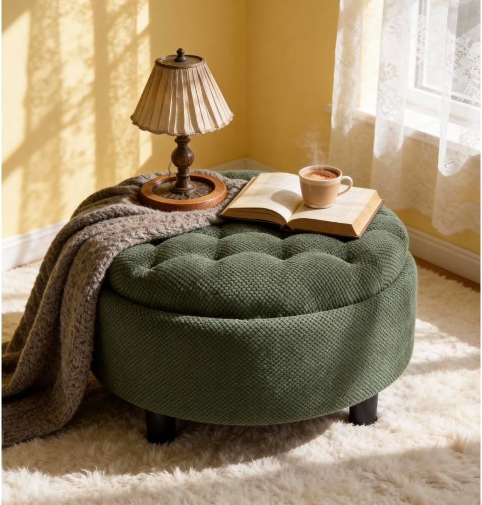 25Inch Round Storage Ottoman with Tray, ModernTufted Fabric Circle Coffee Tab...