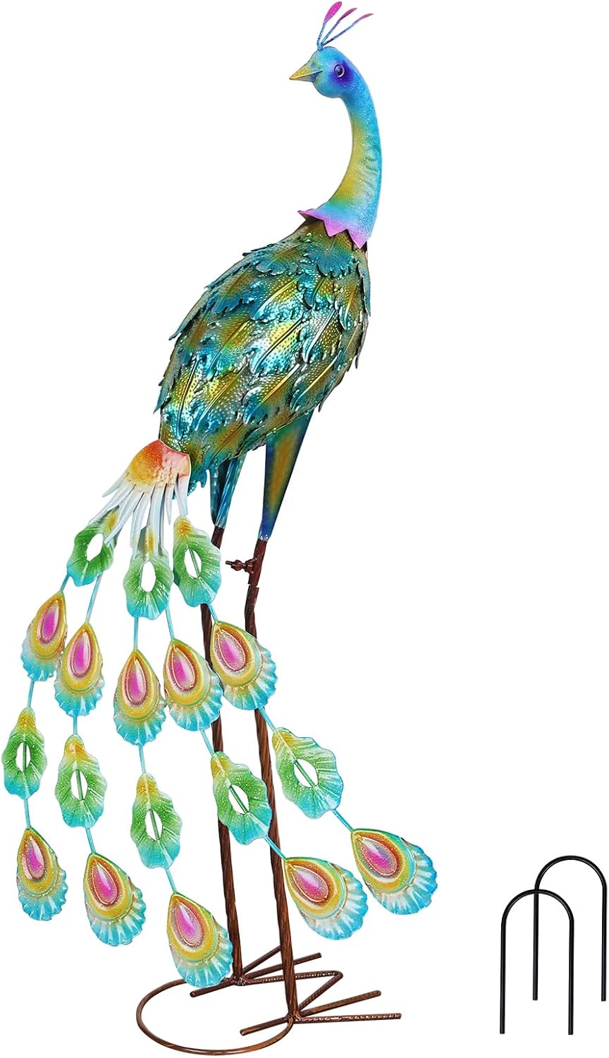 YEAHOME Garden Decor Outdoor Statues, 34" Large Metal Peacock Standing Y...
