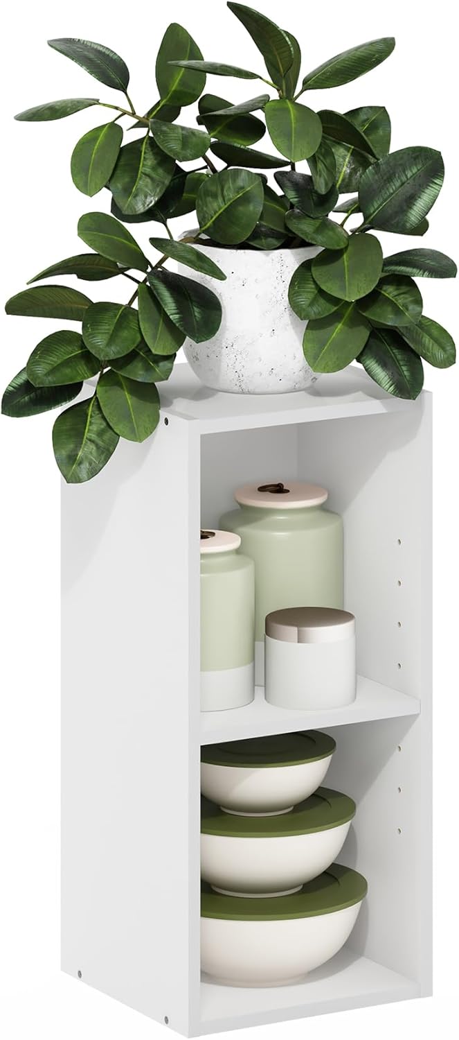 Furinno Fulda Book Shelf, 2-Tier Narrow Storage Cabinet, Bookcase with 10-in Width Storage Shelf, 9.3 x 9.8 x 21.2, for Living Room, Bedroom, Home Office, White
