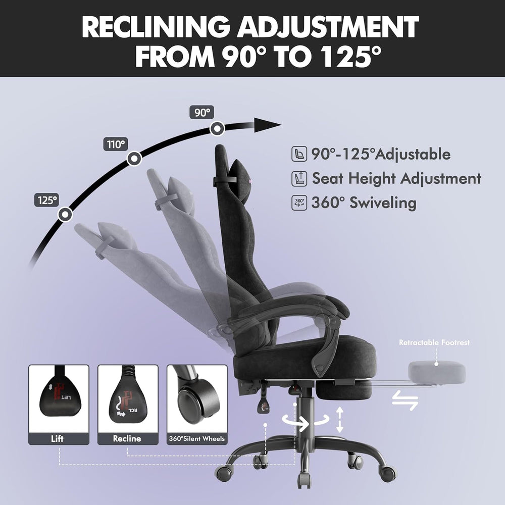 Soontrans Black Velvet Fabric Gaming Chairs with Footrest, Ergonomic Comforta...