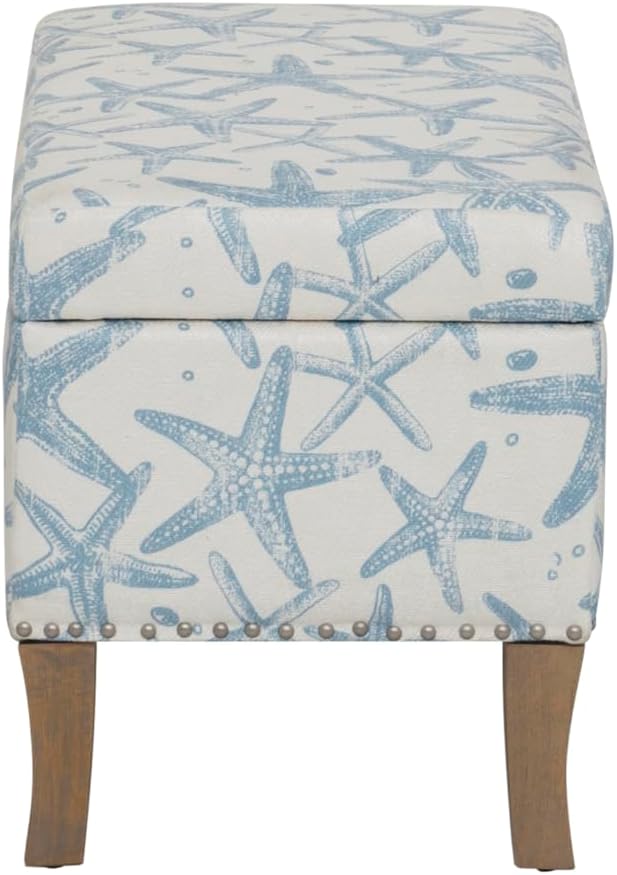 Linon Stephanie Cream and Light Blue Starfish Fully Upholstered Bench with Hidden Interior Storage