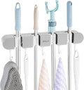 2Pcs Broom Holder Wall Mount, No-Drilling Self-Adhesive Mop and Broom Storage Rack (4 Racks with 5 Hooks),Wall-Mounted Broom Hanger for Bathroom, Kitchen, Closet, Garage, Grey