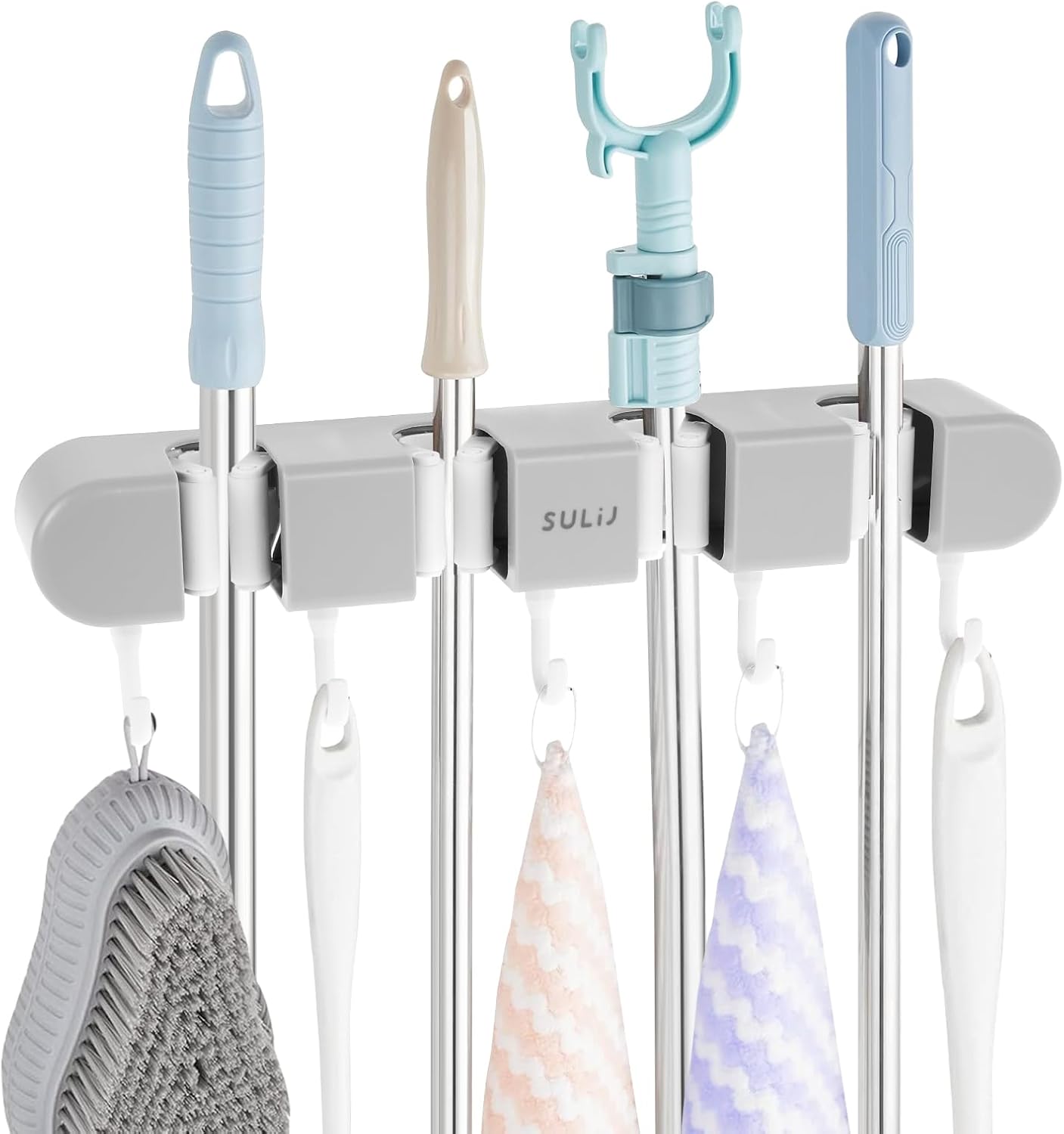 2Pcs Broom Holder Wall Mount, No-Drilling Self-Adhesive Mop and Broom Storage Rack (4 Racks with 5 Hooks),Wall-Mounted Broom Hanger for Bathroom, Kitchen, Closet, Garage, Grey